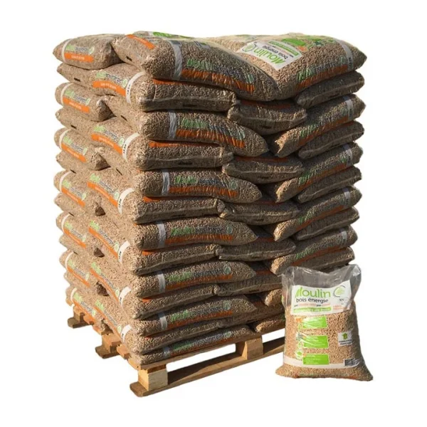 MOULIN BOIS ÉNERGIE – Palette de 65 sacs de granulés de bois, 15 kg par sac (975 kg au total)
