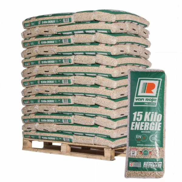 VAN ROJE – Palette de 65 sacs de granulés de bois, 15 kg chacun